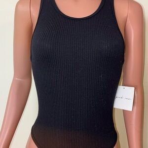 Pink Rose Black Ribbed Bodysuit